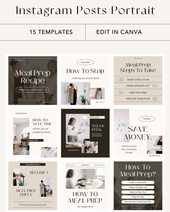 An infographic showcasing 15 templates for creating Instagram posts about meal prep, including recipes, tips, plans, and tutorials, designed to be edited in Canva.