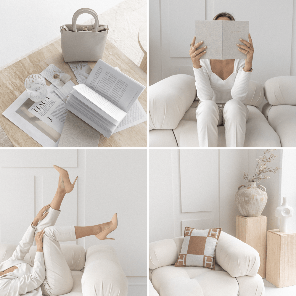 A collage of four images depicting a minimalist white living room. The top left shows a table with a purse, glass of water, magazines, and an open book. The top right shows a woman in white sitting on a white sofa, reading a book. The bottom left features a person lying on the sofa with legs raised. The bottom right displays a white sofa with a decorative pillow, and beige vases on wooden stands in the background.