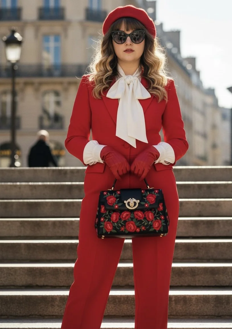 A woman dressed in a red suit with matching red hat, gloves, and sunglasses stands outdoors with a city building and stairs behind her, holding a black handbag decorated with red roses.