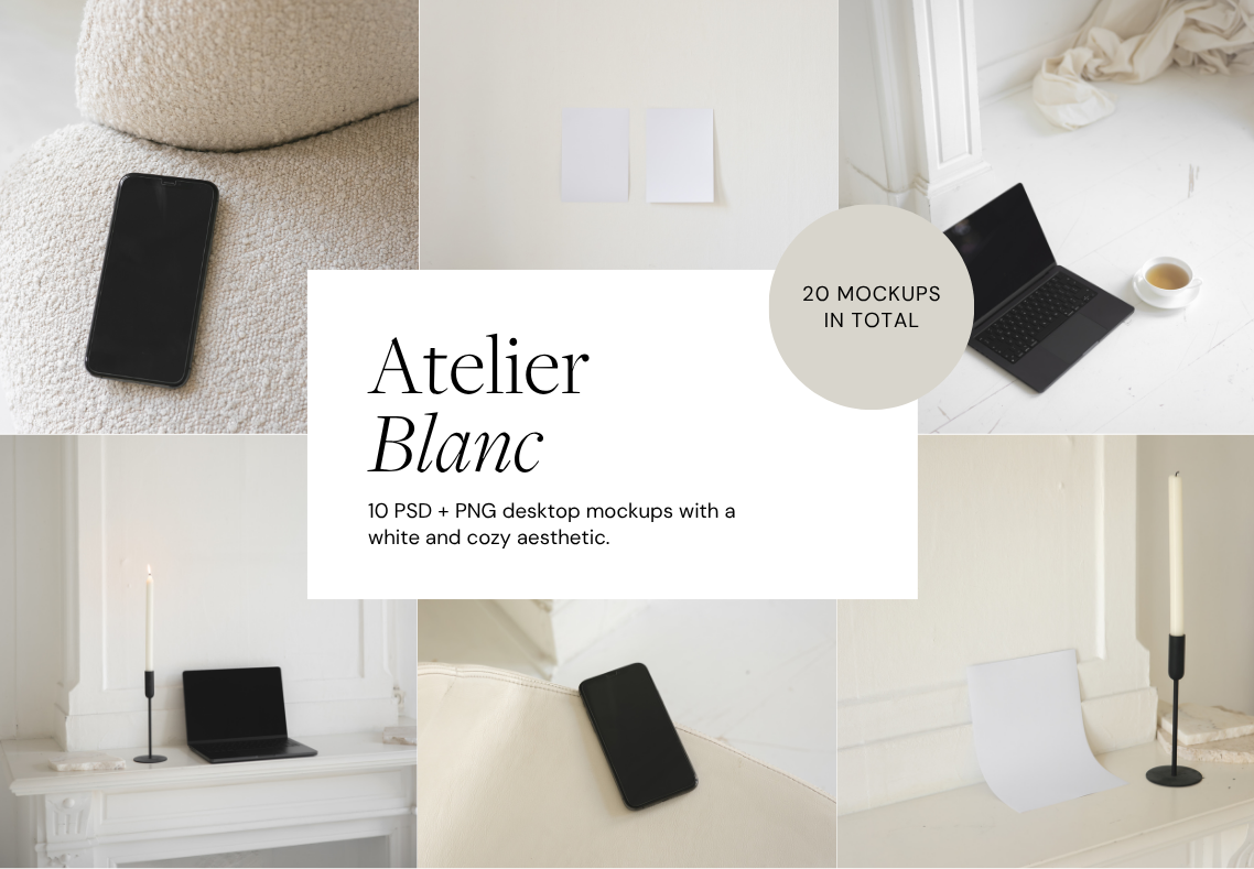 Collage of white and neutral-toned home decor and tech mockups, including a smartphone, a laptop, blank sheets of paper, and a candle on a white mantel, with a centered white rectangle containing black text advertising desktop mockups.