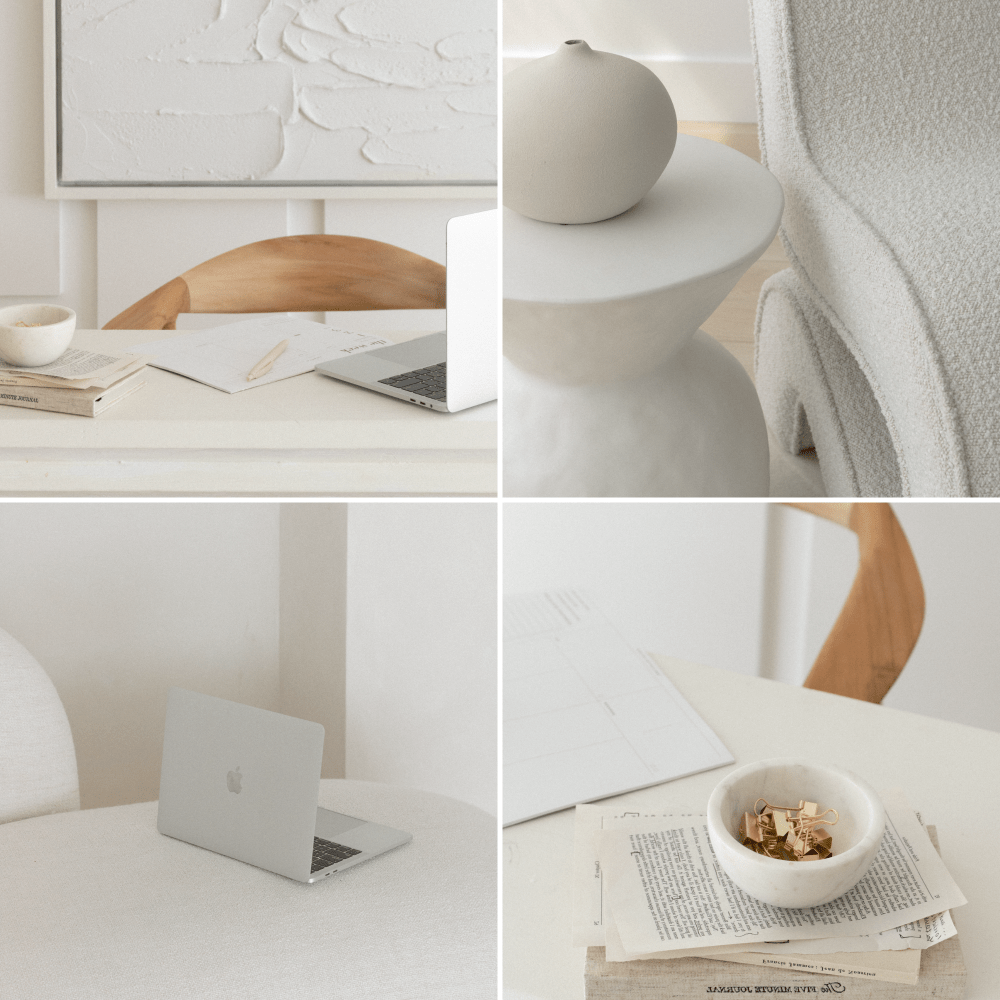 Collage of minimalist workspace images: a white desk with an open laptop and papers, a close-up of a round white side table with a small ceramic vase, a closed silver MacBook on a white textured surface, and a stack of newspapers with a bowl of paper clips.