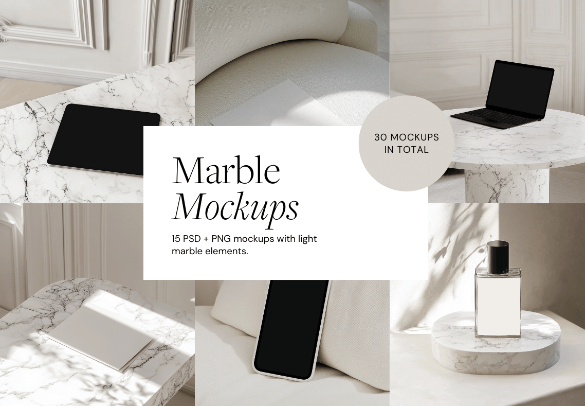 Collage of light marble home decor mockups, including a tablet on a marble table, a cream-colored armchair with a book, a laptop on a marble table, a notebook on a marble surface, a smartphone on a sofa, and a perfume bottle on a marble platform, with text overlay indicating 30 mockups in total.
