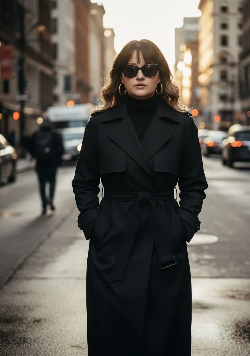 A woman in a black trench coat and sunglasses standing on a city street at sunset.