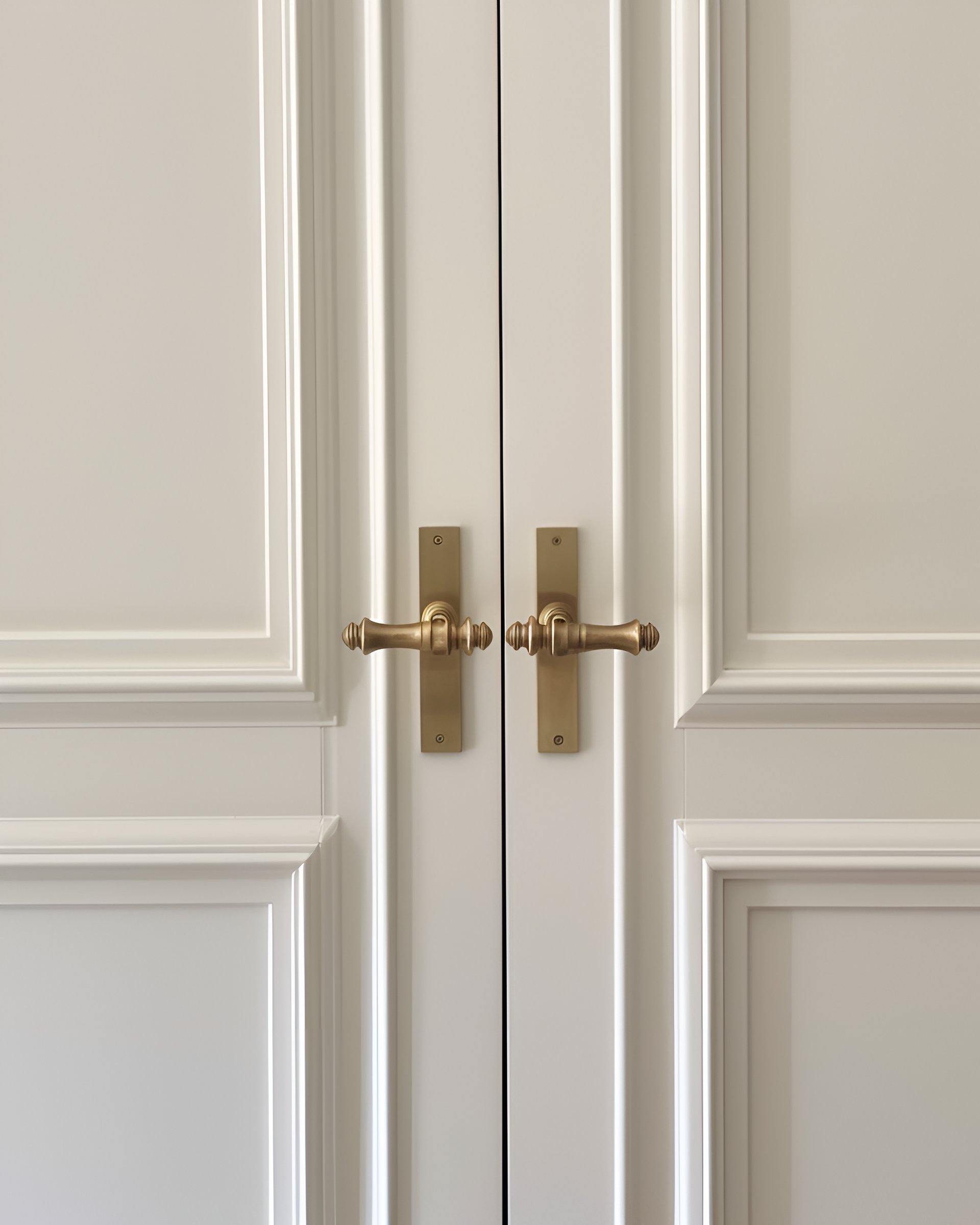Double white closet doors with gold horizontal handles.