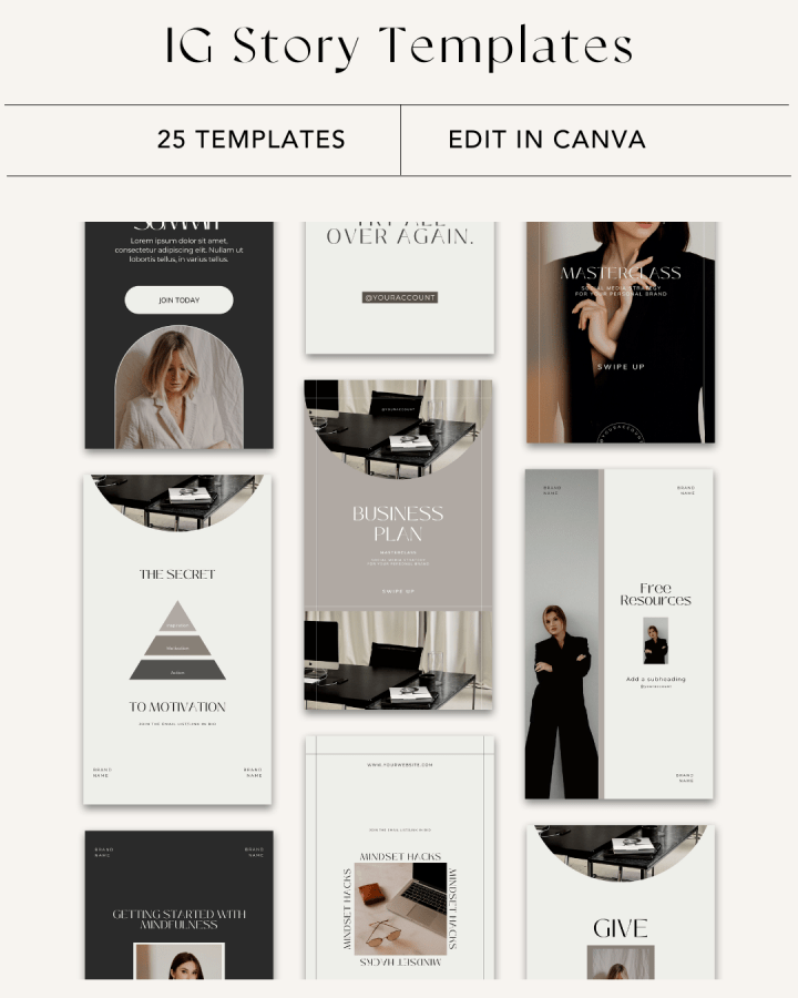 A digital screenshot showcasing a collection of Instagram story templates labeled 'IG Story Templates,' with options to edit in Canva, including various professional and business-themed designs.