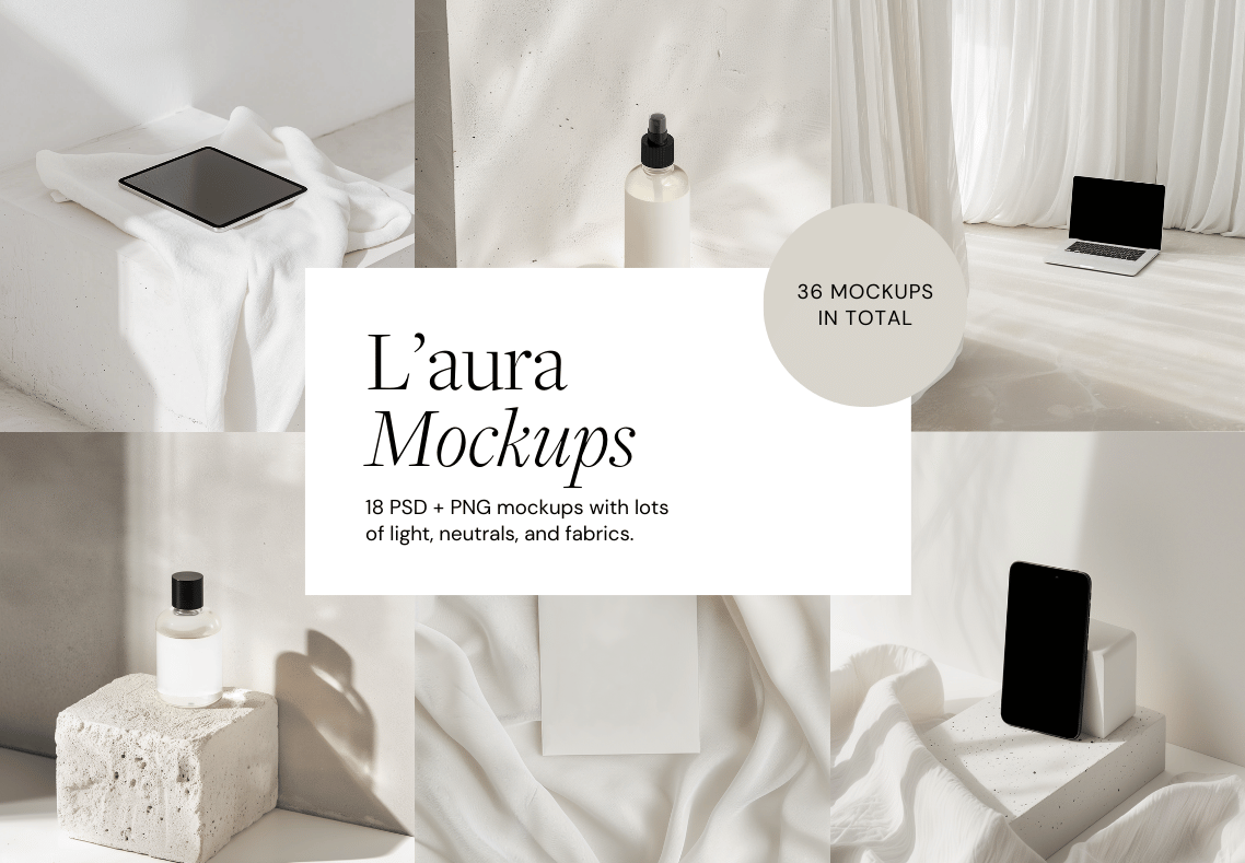 A collage of minimalist mockup scenes showing electronic devices, bottles, and fabrics in light, neutral tones, with text in the center indicating "L'aura Mockups" and "36 mockups in total".