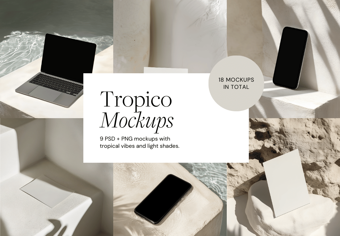 Collage of six tropical-themed mockup images featuring laptops and smartphones on light-colored surfaces with shadows and textured backgrounds, and a central label indicating 18 mockups in total.