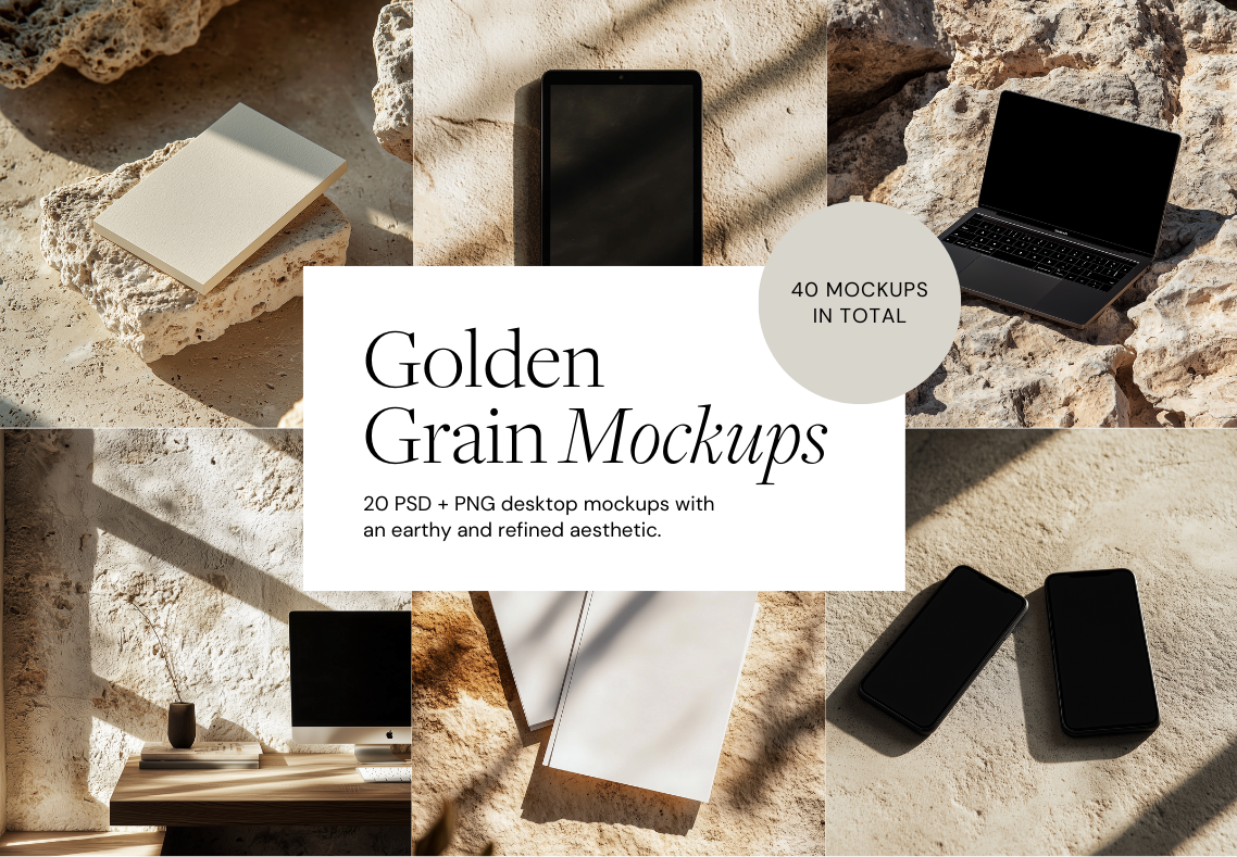 Collage of six mockups of electronic devices and stationery on sandy textured backgrounds with sunlight shadows, featuring a central white text box with black text about golden grain mockups.