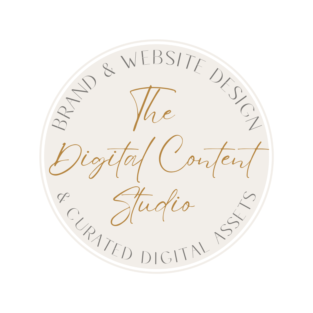 Circular logo for The Digital Content Studio, featuring the text 'The Digital Content Studio' in cursive, with 'Brand & Website Design' and 'Curated Digital Assets' in smaller serif font around the edge.