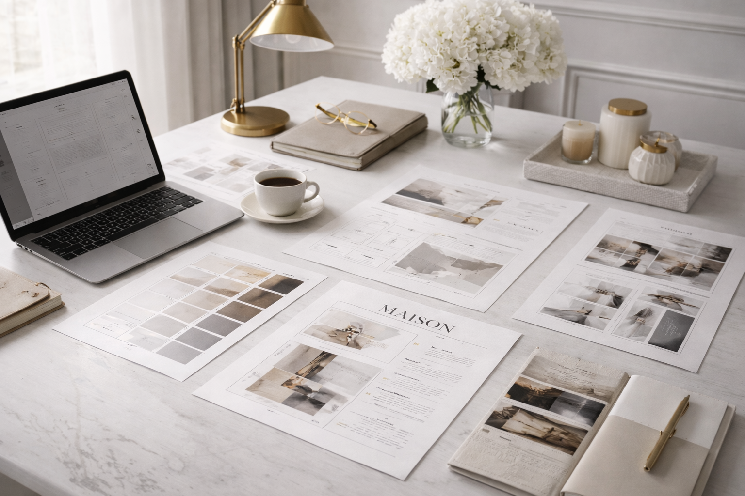 A workspace with a laptop, a cup of coffee, notebooks, a vase of white flowers, and various printed design layouts on a white table.