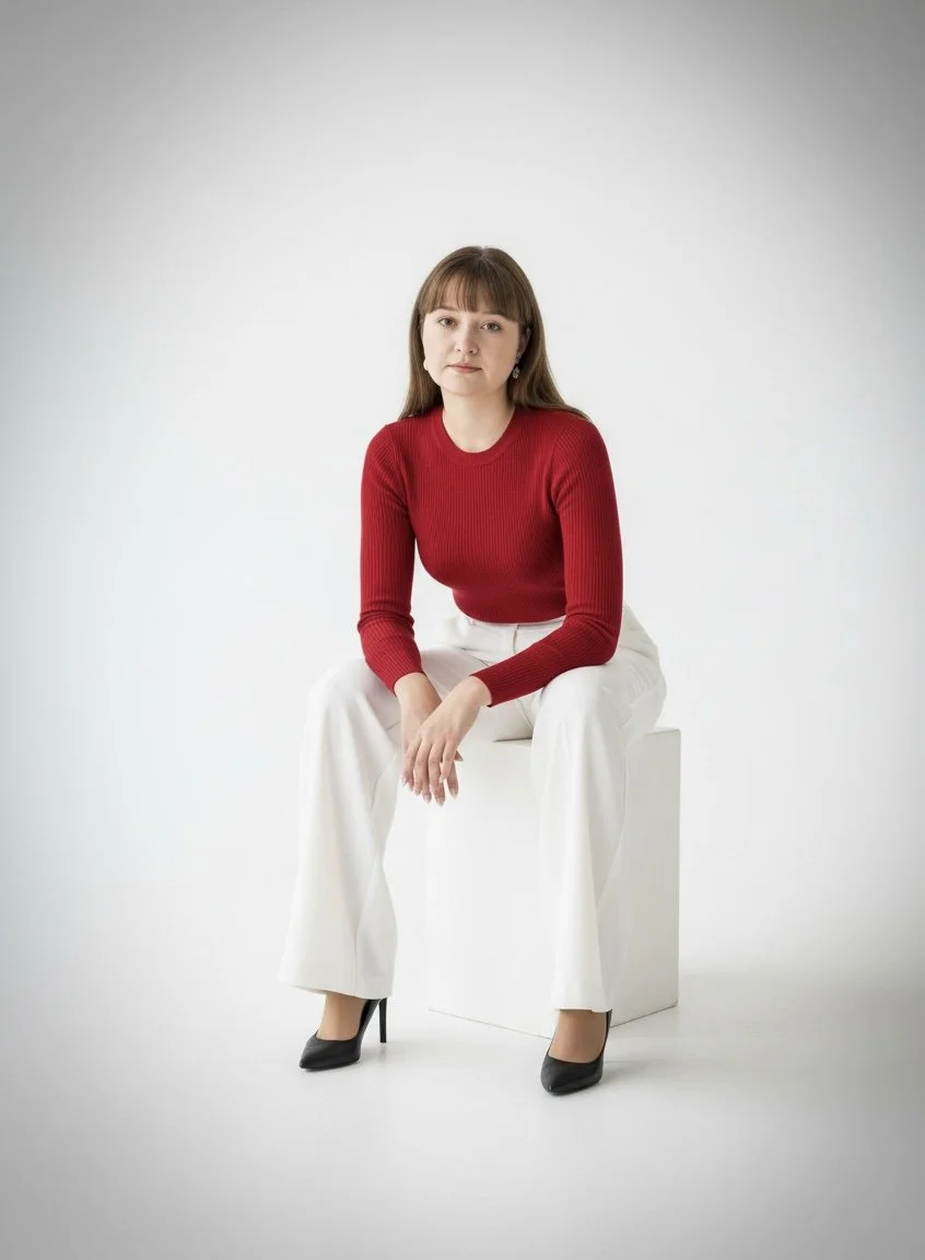 A woman with brown hair and bangs sitting on a white cube in front of a plain white background. She is wearing a red long-sleeve shirt, white pants, and black high heels.