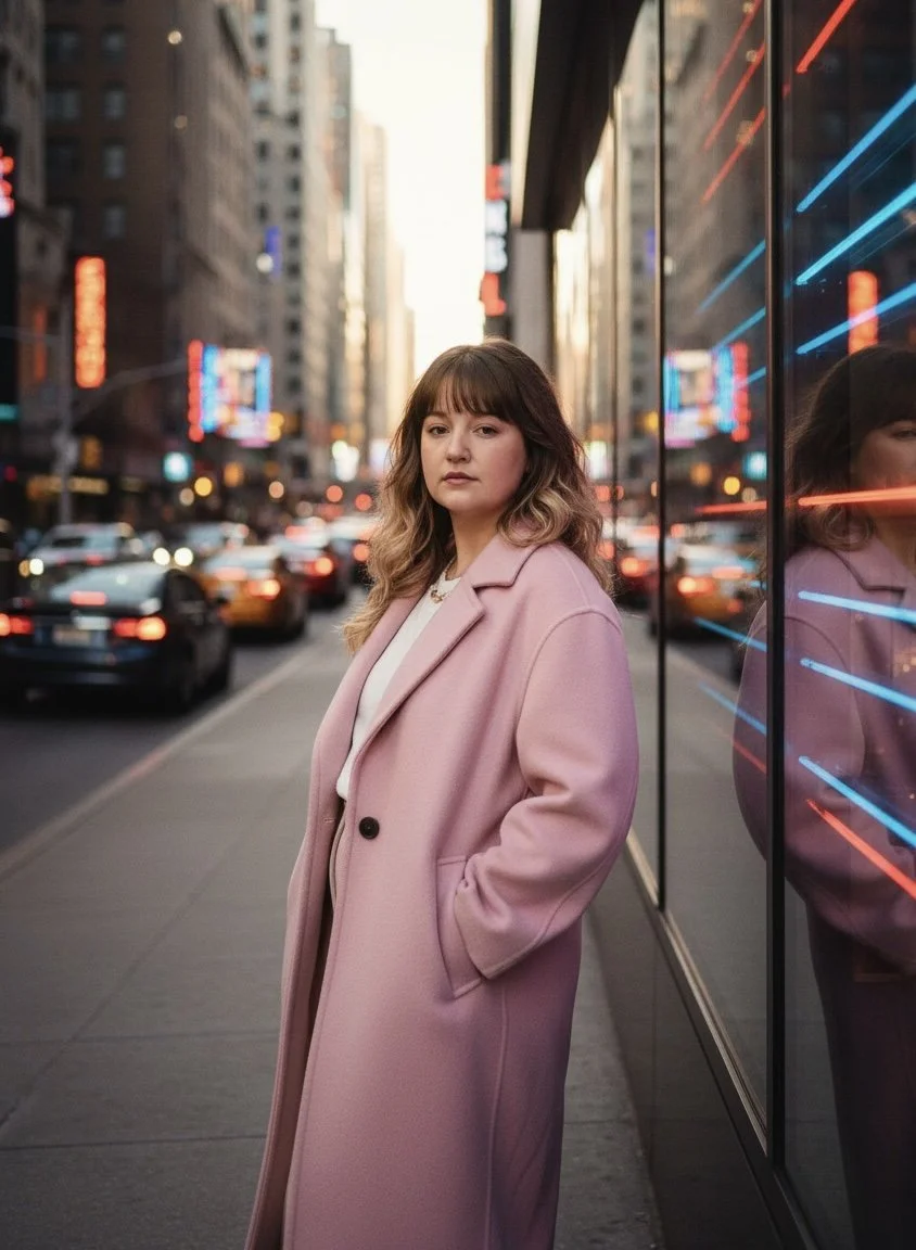 A young woman with wavy brown hair, wearing a pink coat, standing on a city sidewalk next to a glass building reflecting colorful neon lights, with traffic and tall buildings in the background at dusk.