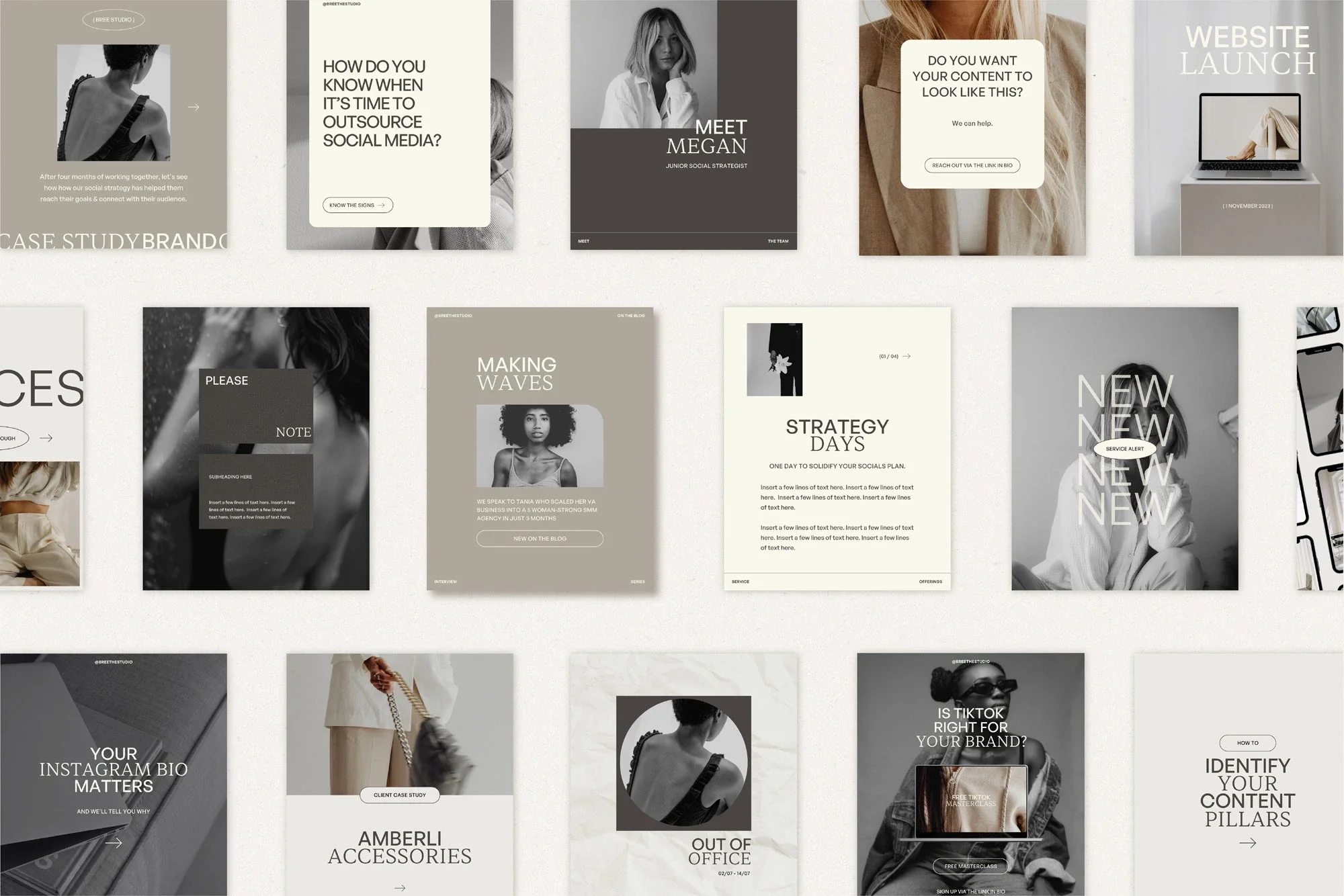 Collection of social media and marketing presentation slides with minimalist design, black and white or muted tones, featuring images of women, text headlines, and graphics related to branding, strategy, content creation, and accessories.