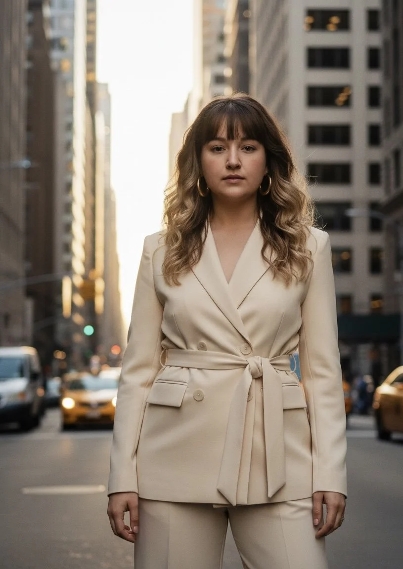 A woman wearing a cream-colored blazer and matching pants standing in the middle of a city street.