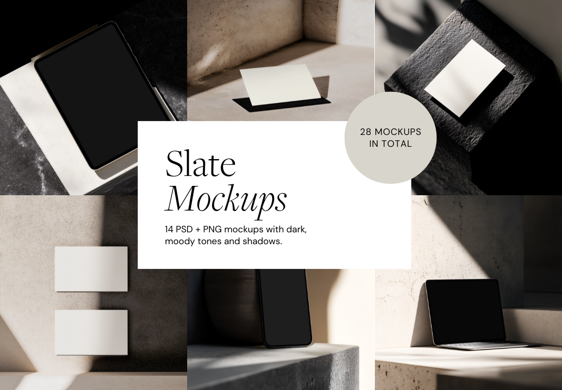 Collage of 8 dark moody mockups featuring electronic devices on various textured surfaces, with text overlay about slate mockups.