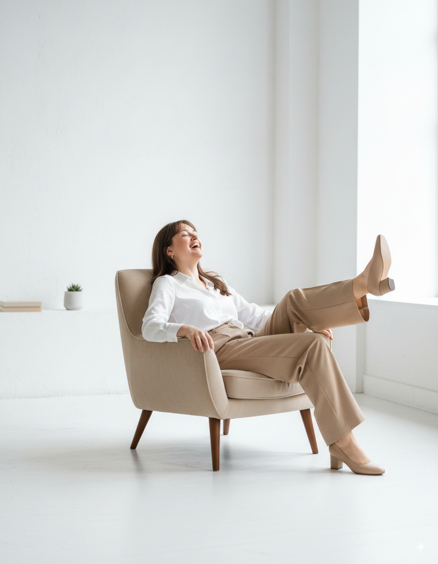 A woman sits comfortably in an armchair, laughing, with her right leg resting on the window sill, in a bright, minimalistic room.