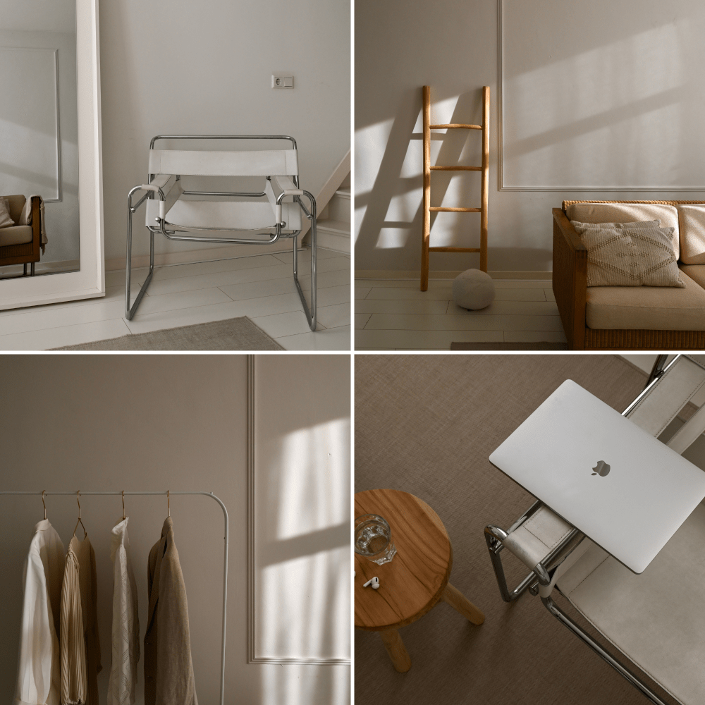 Living room scenes with furniture and decor: a white chair with metal frame, a wooden ladder, beige sofa with cushion, clothing hanging on a rack, and a closed MacBook on a chair.