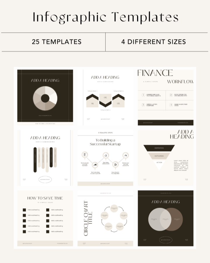 Collection of infographic templates with various layouts, including charts, lists, and diagrams, labeled for different presentation purposes.