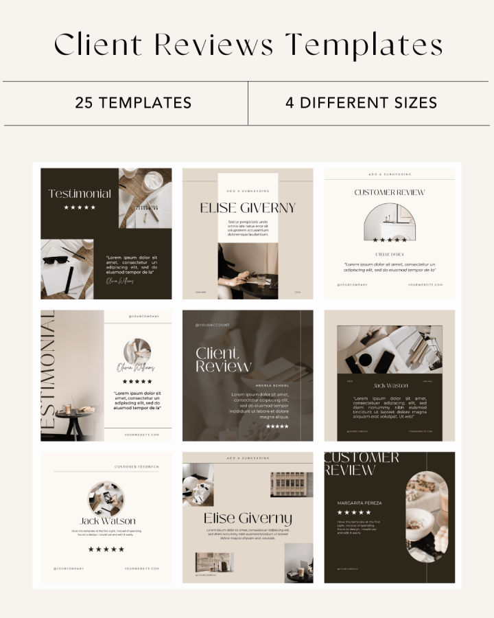 A presentation slide titled 'Client Reviews Templates' displaying 9 sample templates in a grid, with a header indicating '25 Templates' and '4 Different Sizes'.