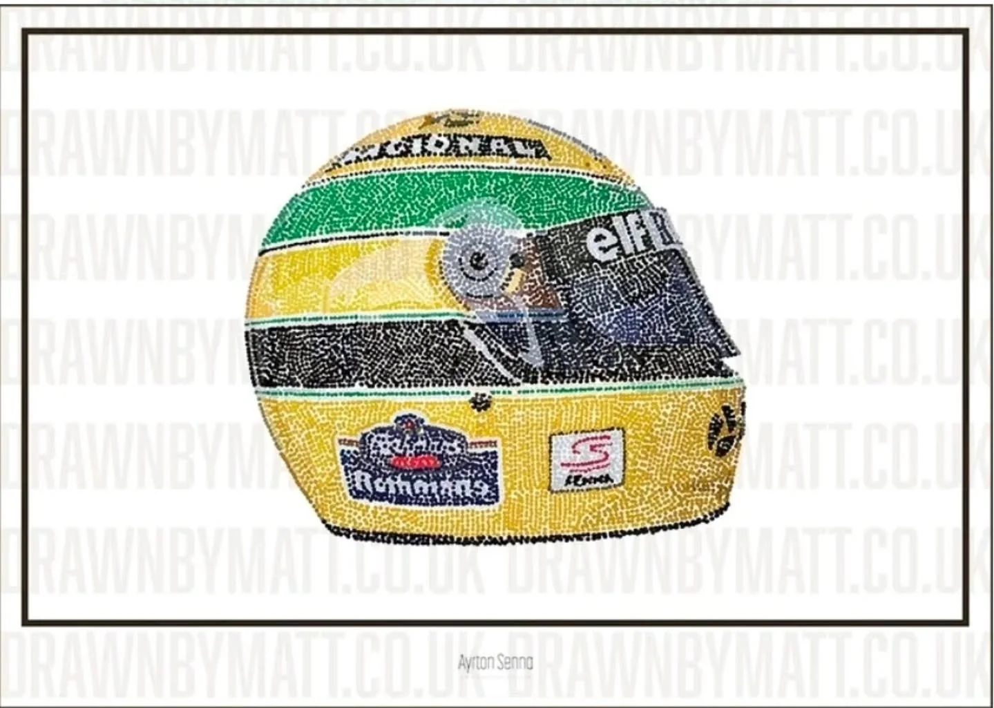 Only 10 of these are available. Signed and Numbered. 
1994 Ayrton Senna Helmet drawn with dots. 
225gsm Matte finish 
Don't miss out on this insanely cool (biased opinion) piece of wall art. 
--------------------------
www.drawnbymatt.co.uk 
----