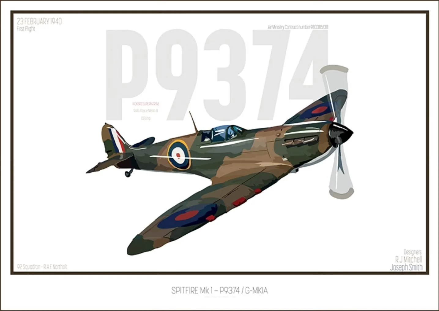 My Hand‑drawn tribute to Spitfire P9374 &mdash; first flown 23 Feb 1940. Designed by R.J. Mitchell &amp; Joseph Smith, powered by a Rolls‑Royce Merlin III (1030 hp). Honouring British innovation through art. 

Now available from just &pound;25

-----
