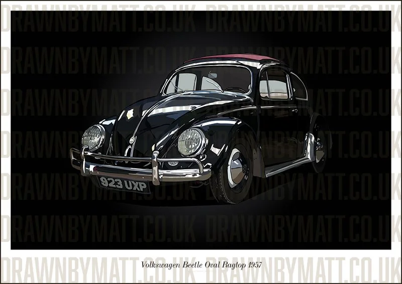 A black 1957 Volkswagen Beetle with an oval roof, shown from the front left side, displaying round headlights, chrome bumper, and classic design.