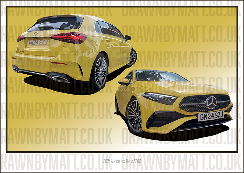 Two yellow cars, a Mercedes-Benz A-Class hatchback, displayed in a front, side and rear view against a yellow background.