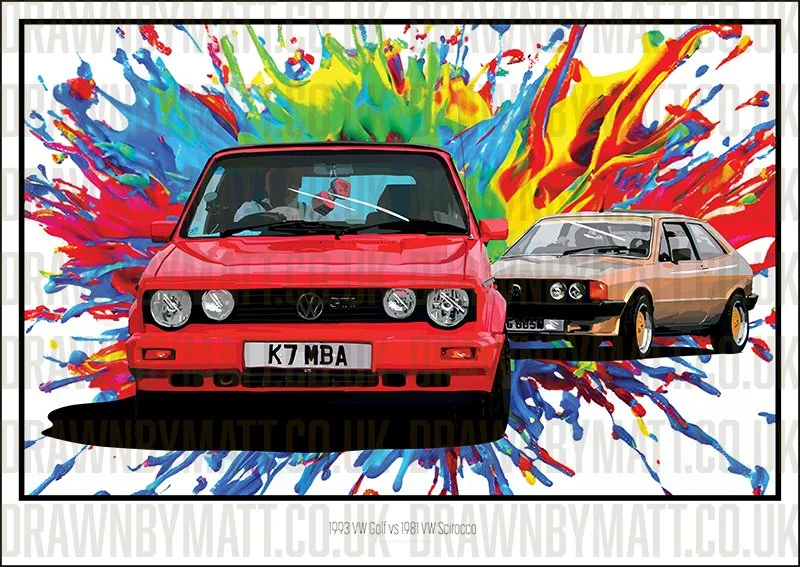 Two vintage Volkswagen Golf cars, one red Golf GTI Sportsline and one gold Scirocco, are depicted with a colourful paint splash background.