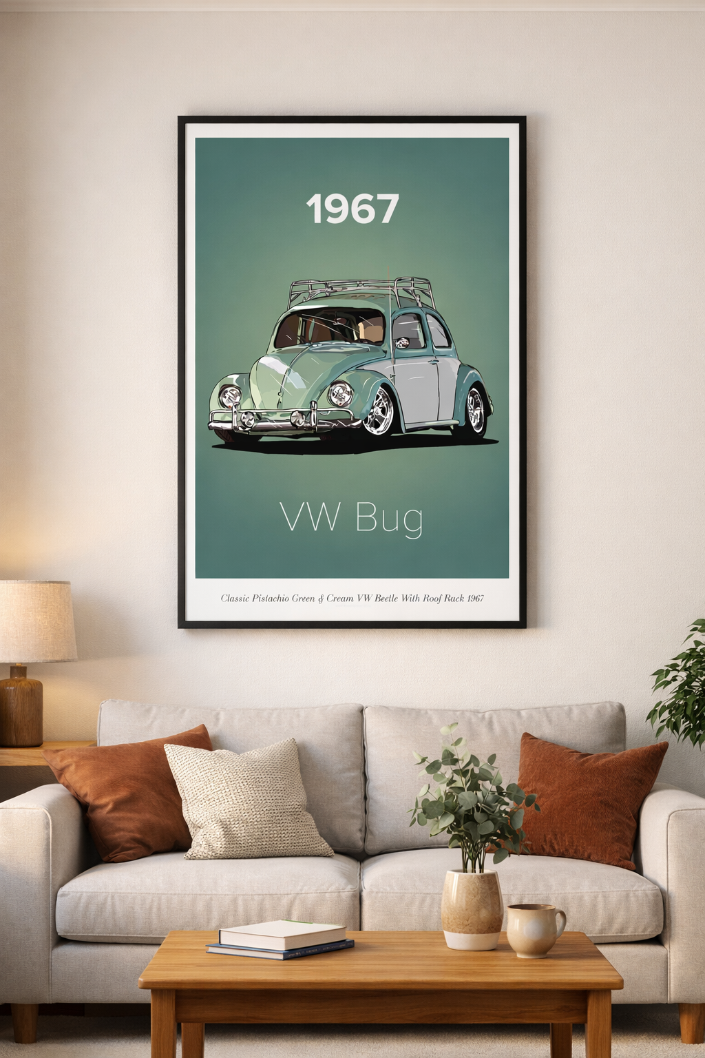 Classic Pistachio Green & Cream VW Beetle With Roof Rack 1967 Poster