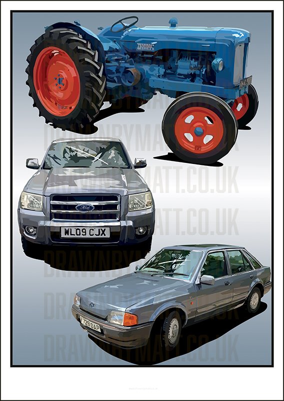 Illustration of a blue tractor and two gray cars, one mid-sized SUV and one compact sedan.