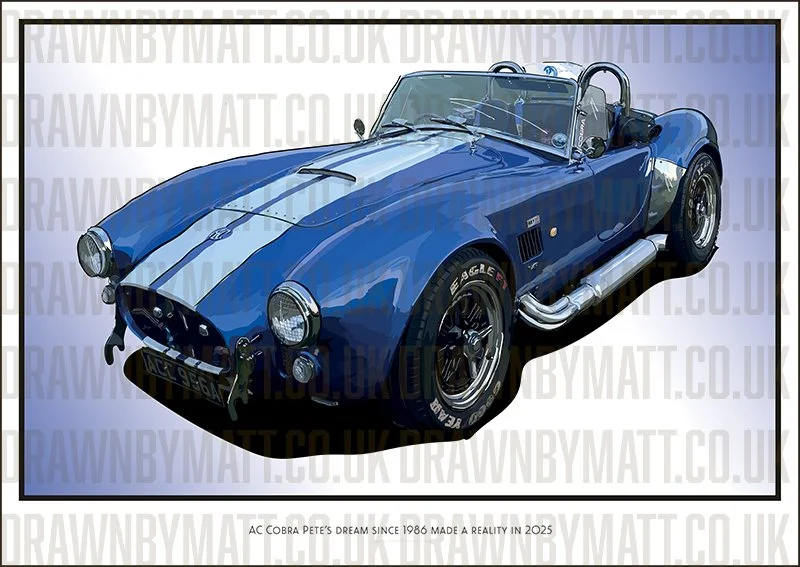 A vintage blue Cobra sports car with racing stripes, open-top, chrome exhaust pipes, black wheels with white lettering, and a British license plate.