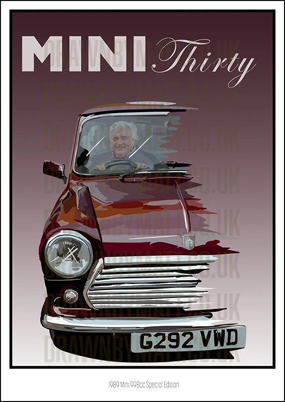 Artistic illustration of a vintage Mini car with a smiling person inside, featuring a glitch effect. Text reads "MINI Thirty" and the license plate shows "G292 VWD."