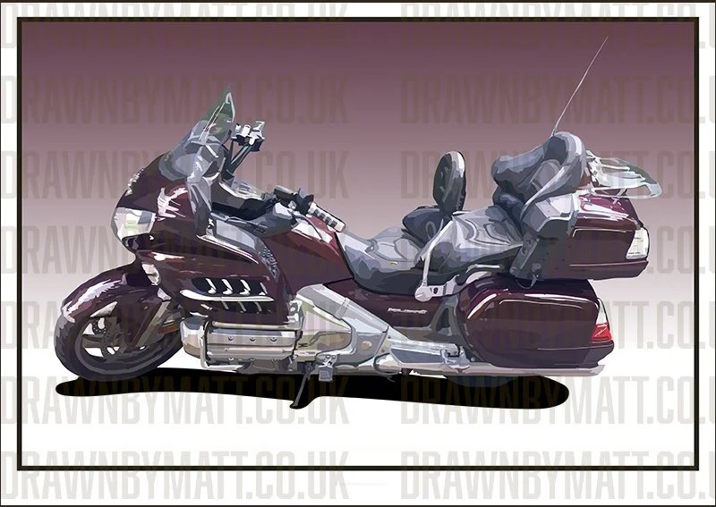 Digital illustration of a large touring motorcycle with a maroon and gray color scheme, featuring a spacious seat, large front fairing, and side storage compartments.