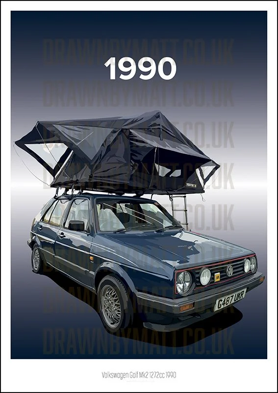 Illustration of a 1990 Volkswagen Golf Mk2 with a roof-mounted tent for camping.