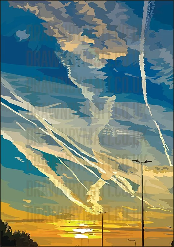 Digital illustration of a sunset sky with clouds and chemtrails from airplanes, silhouetted streetlights and trees in the foreground.