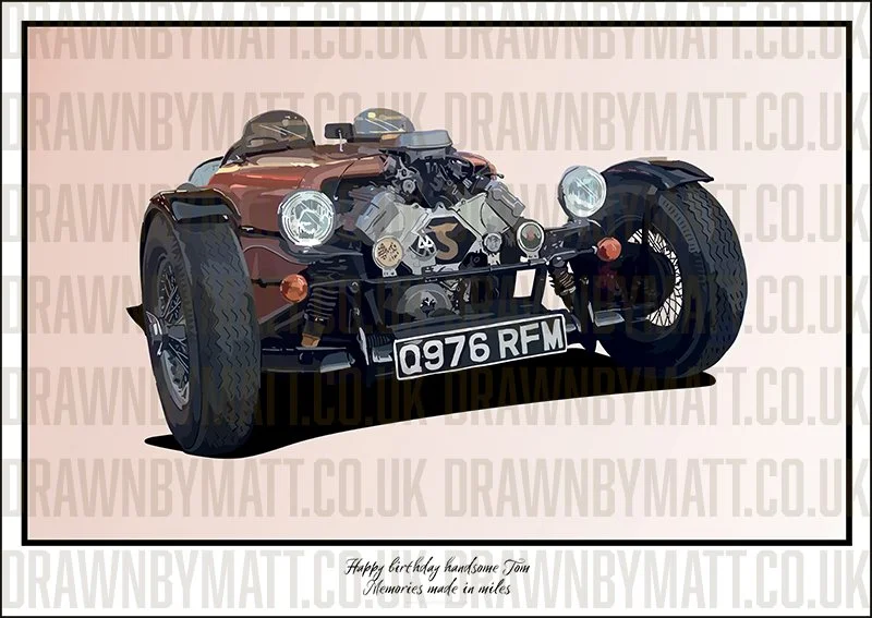 Illustration of a vintage open-top sports car with large tires, exposed engine components, and a black front license plate reading '0976 RFM' on a pink background.
