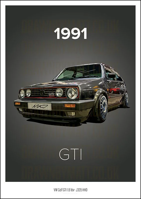 A 1991 Volkswagen Golf GTI hatchback car with a black exterior, featuring round headlights, a black grille with red accents, and aftermarket wheels, displayed against a plain background.