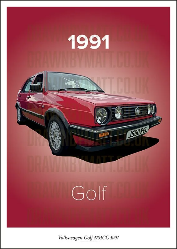 A red 1991 Volkswagen Golf Mk2 hatchback with a black front grille, rectangular headlights, and a UK license plate J580 REL, positioned on a red gradient background with the text '1991' above and 'Golf' below.