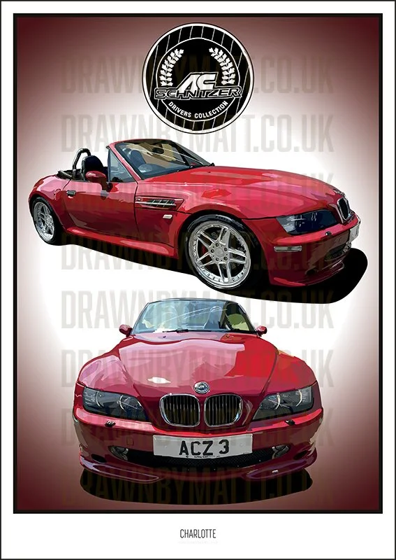 A red BMW convertible sports car side view and a front view of same red BMW car with a custom license plate that reads 'ACZ 3'. A black and white logo for Schnitzer Driver's Collection is at the top of the image.