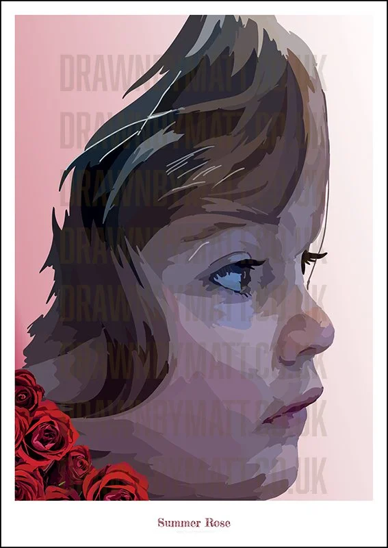 A digital illustration of a young girl with light brown hair and brown eyes, looking to the right, with a cluster of red roses at the bottom left corner, labeled "Summer Rose."