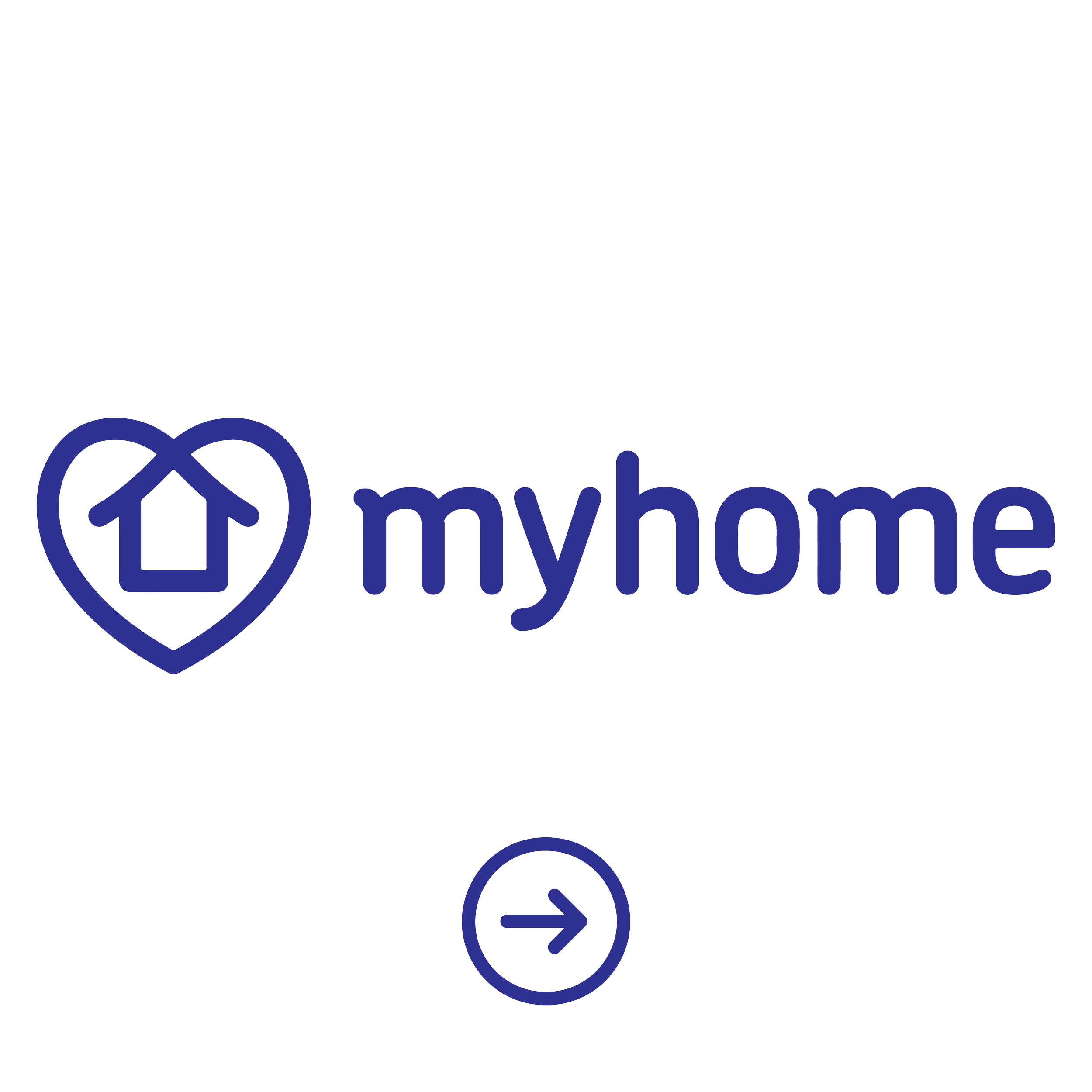 MyHome logo with a house inside a heart shape and the text 'myhome' beside it, and a right arrow symbol below.