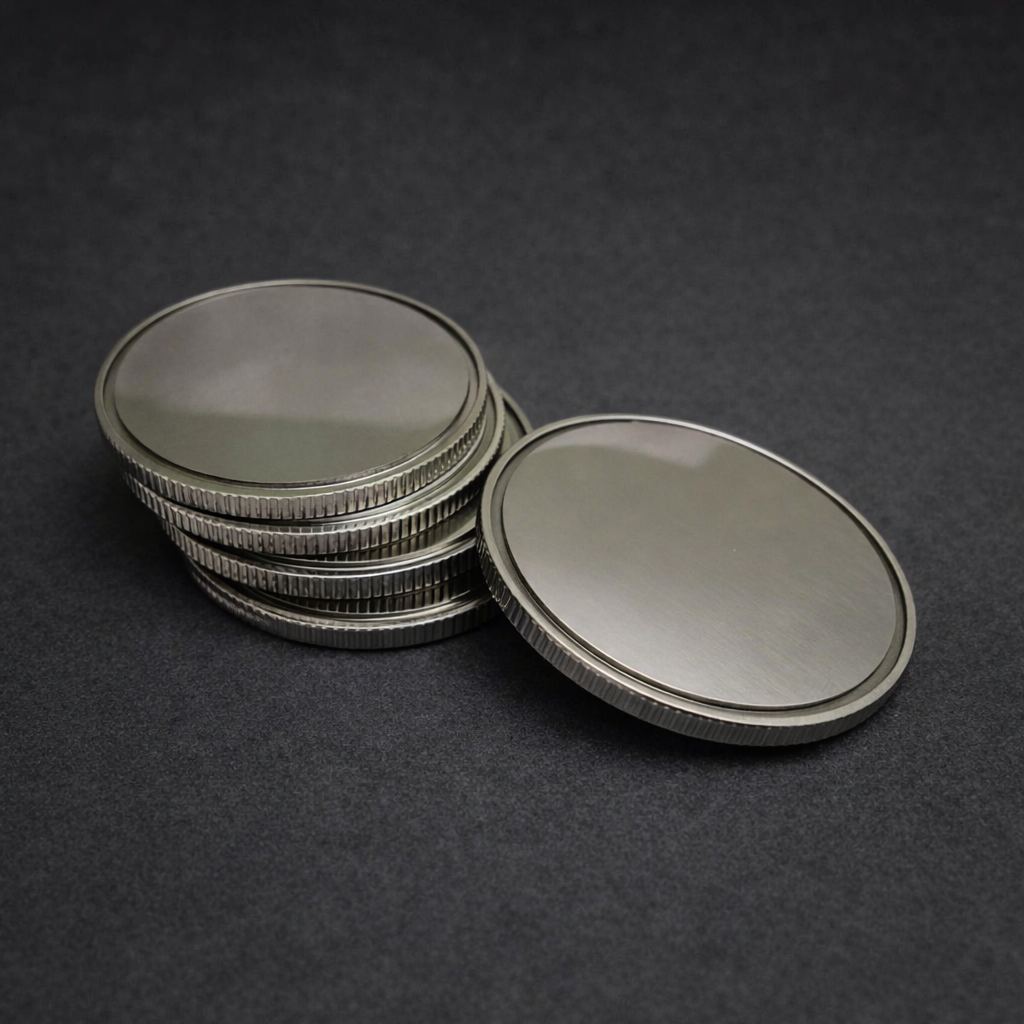 Blank stainless steel challenge coins stacked and displayed on dark background, ready for custom engraving