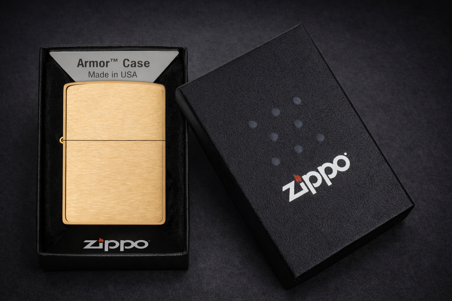 Zippo lighter displayed in original box, available for custom laser engraving