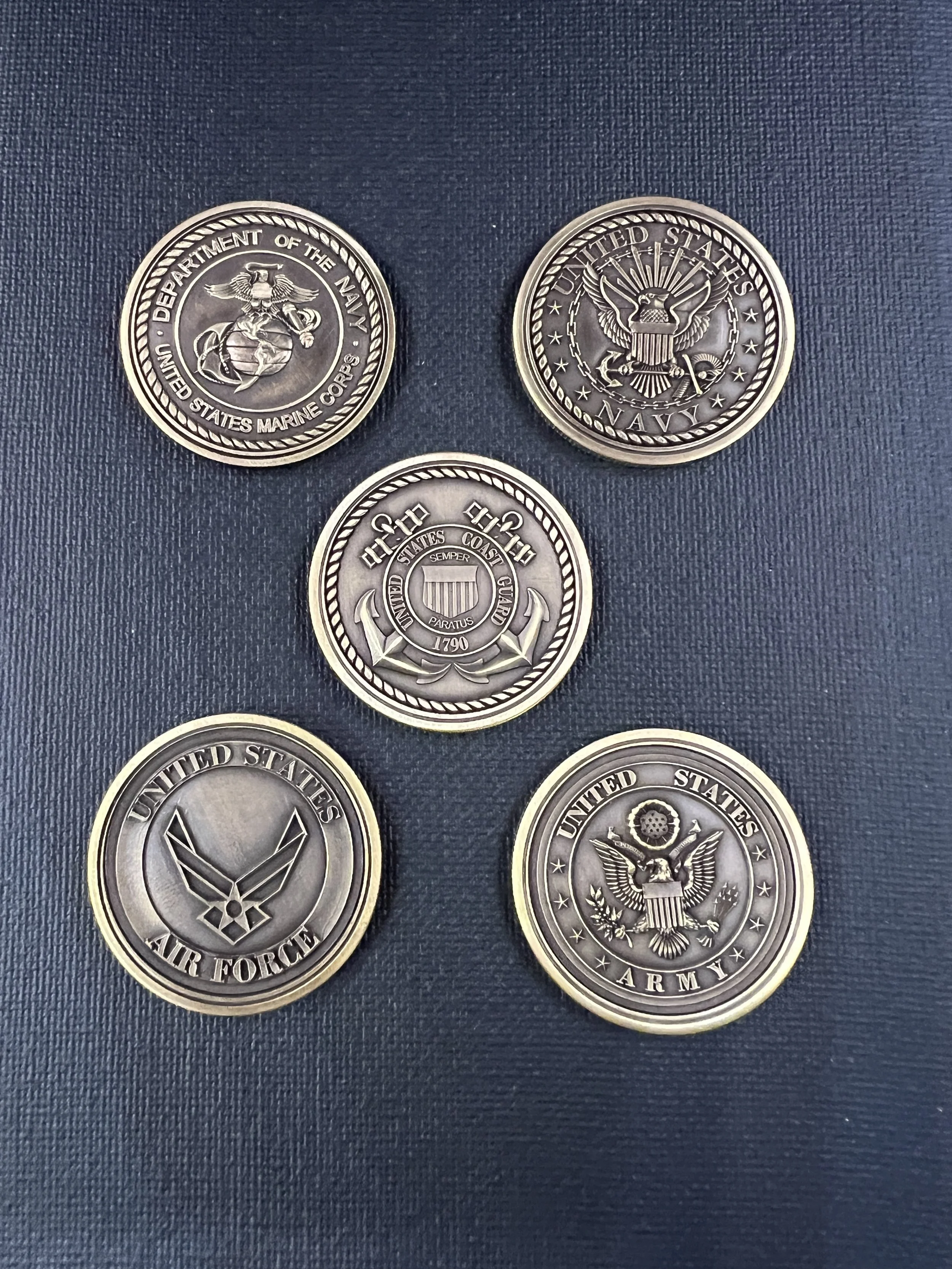 3D engraved military challenge coin featuring United States Marine Corps emblem, crafted in brass or stainless steel with detailed raised relief engraving.