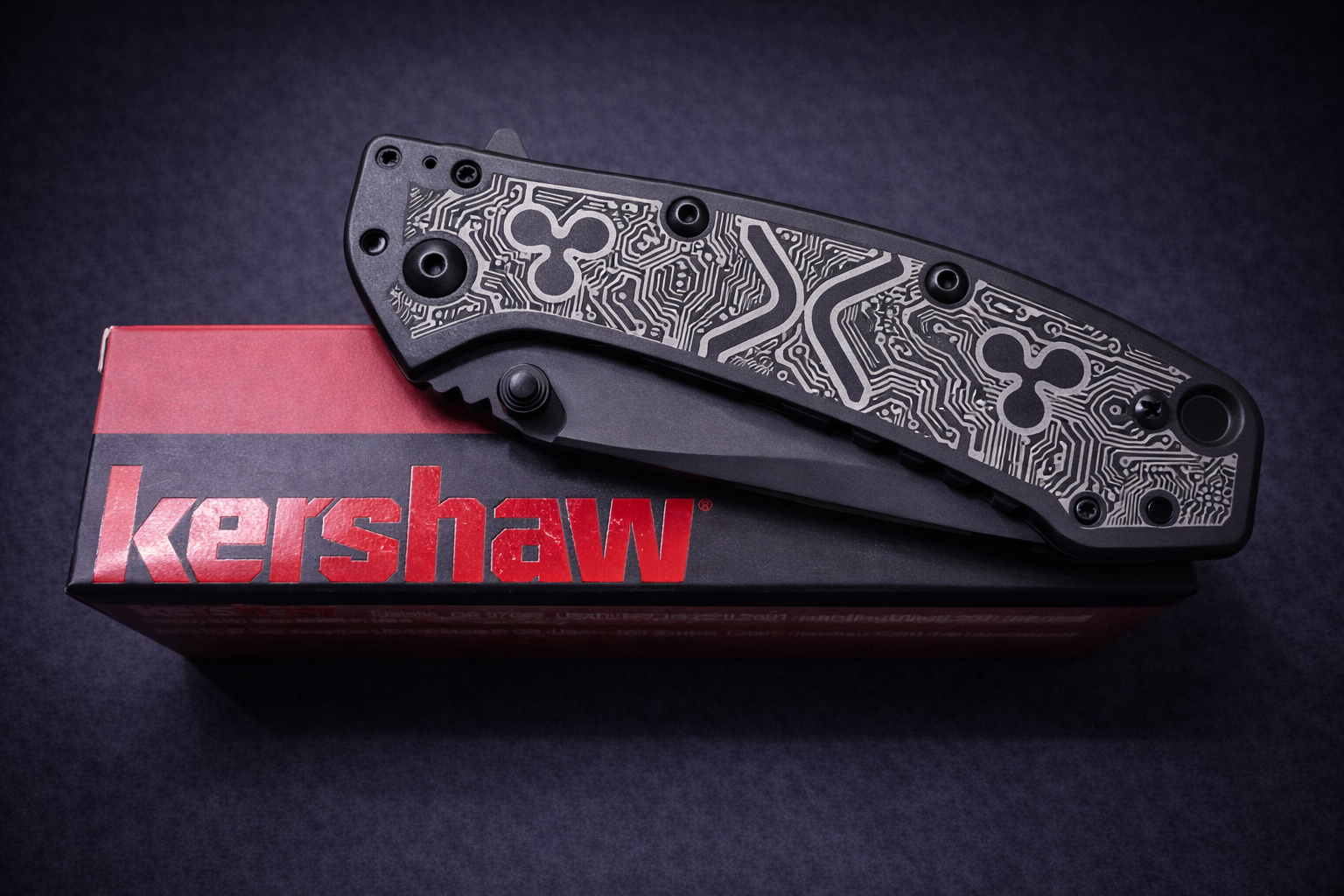 Kershaw pocket knife displayed on branded box, available for custom laser engraving