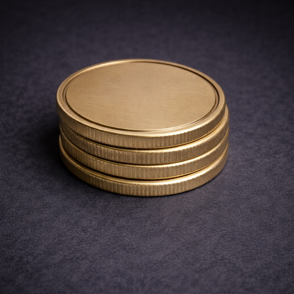 Blank brass challenge coins stacked and displayed on dark background, ready for custom engraving