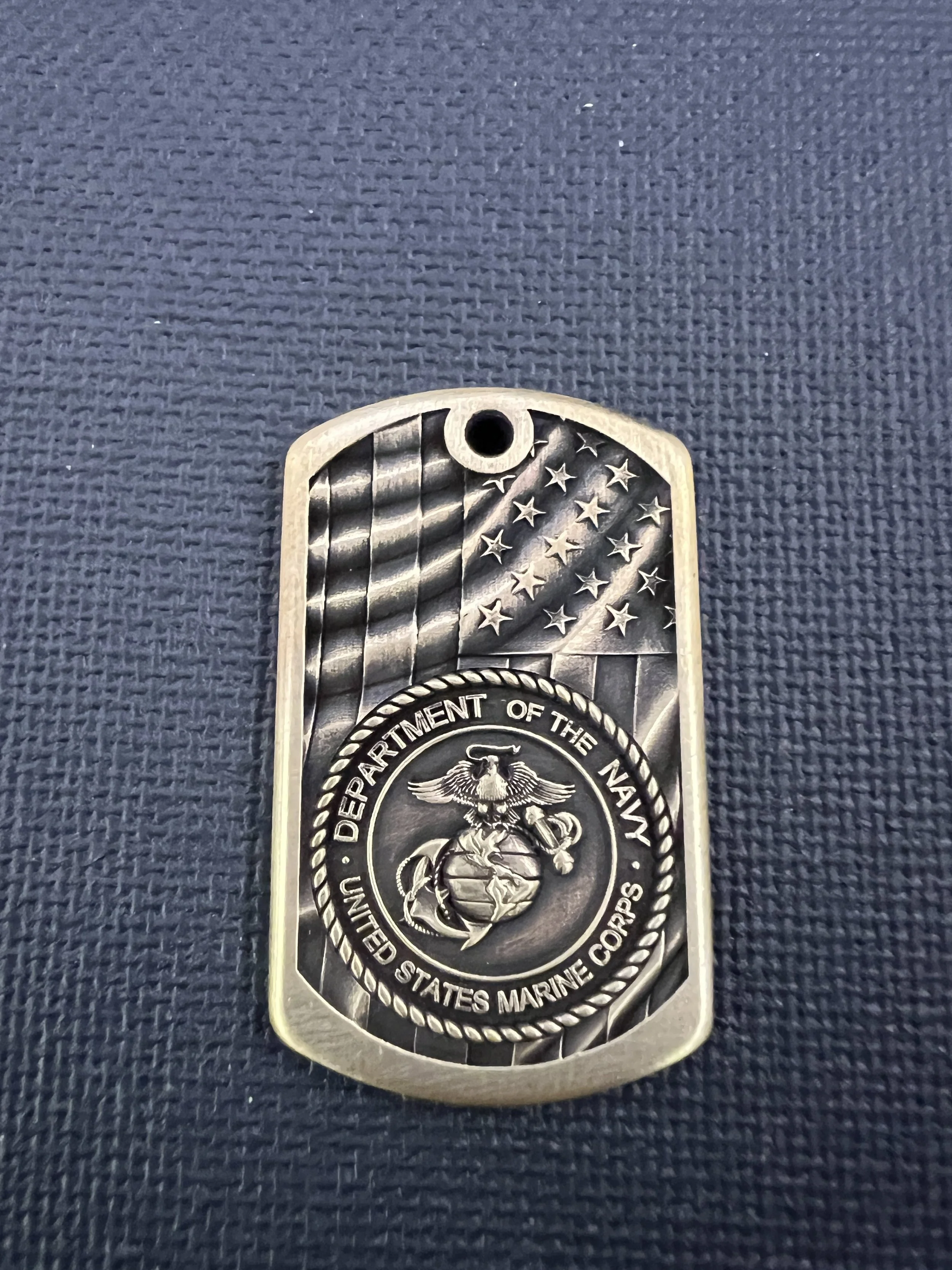 3D engraved military dog tag featuring United States Armed Forces branch designs, available in brass and stainless steel with detailed laser engraving.