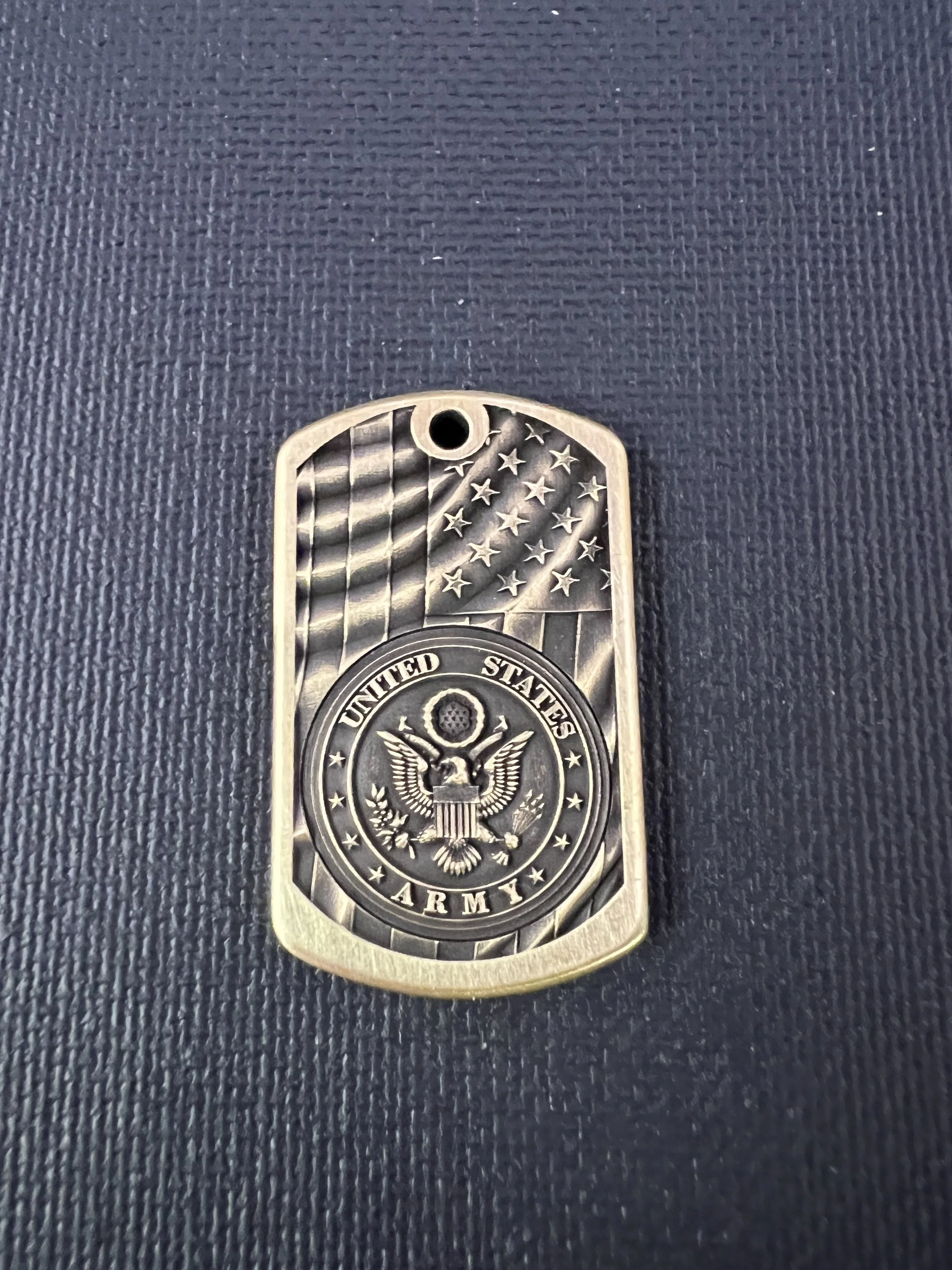 3D engraved military dog tag featuring United States Armed Forces branch designs, available in brass and stainless steel with detailed laser engraving.
