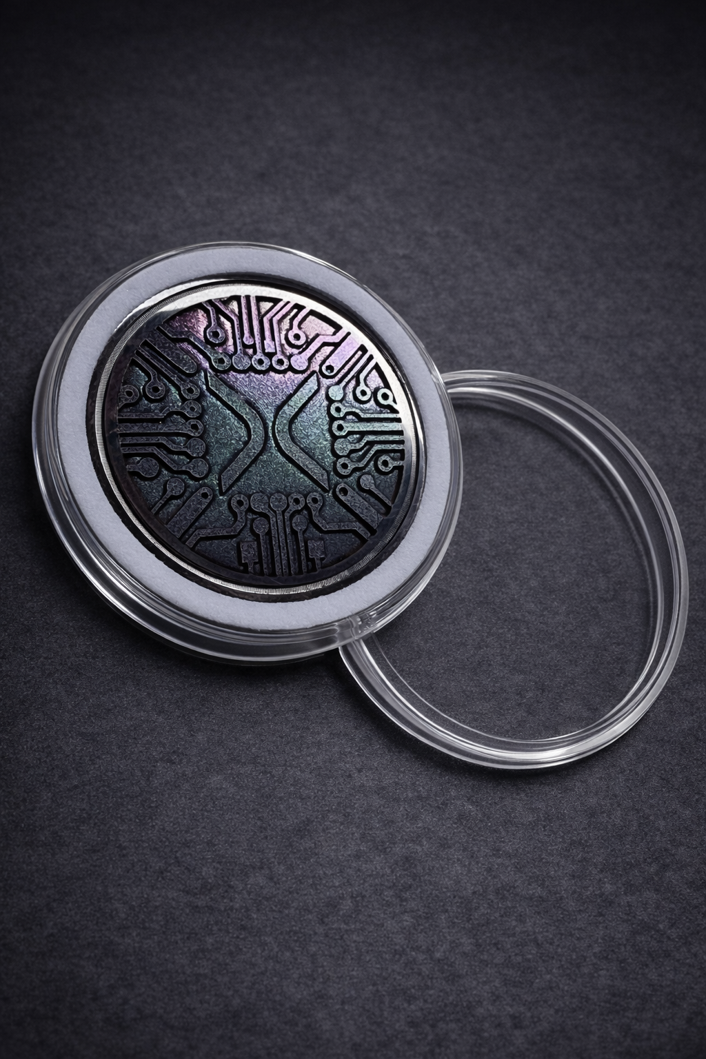 Blank stainless steel challenge coins stacked and displayed on dark background, ready for custom engraving