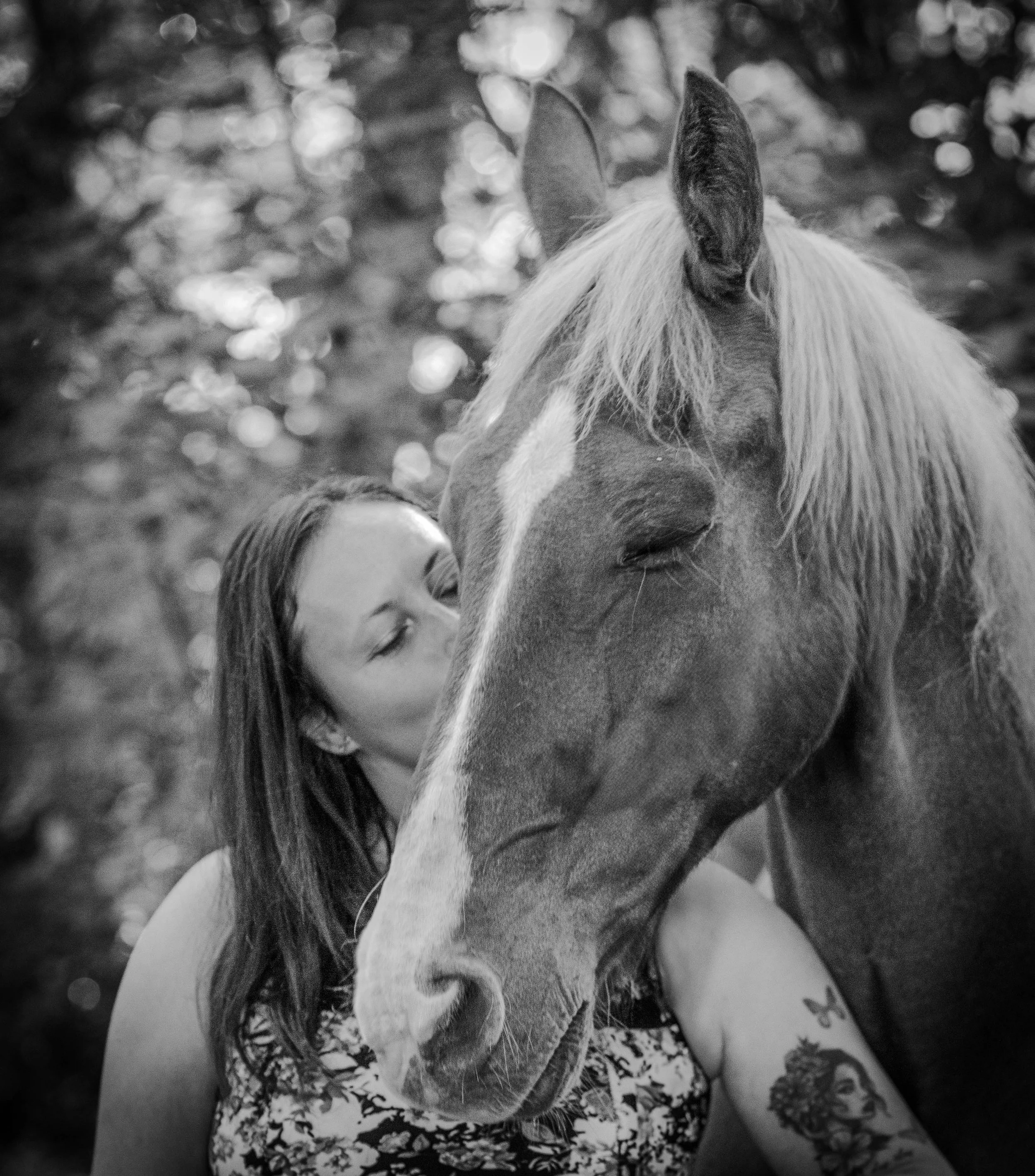 Une femme embrasse un cheval dans un environnement naturel.